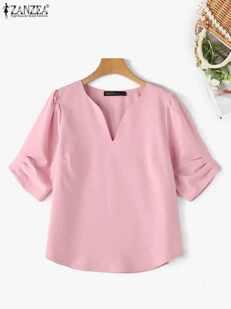 ZANZEA Women Puff Short Sleeve Blouse Solid Fashion V-Neck Blusa 2024 Summer Elegant Casual Shirt Female Office Sweety Top Tunic