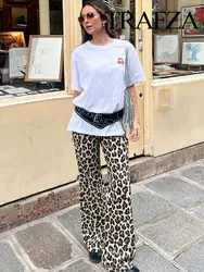 TRAFZA 2024 Summer New Women's Chic Leopard Print Decorated Street Trousers Retro High Waist Women's Slim Fit Zipper Trousers