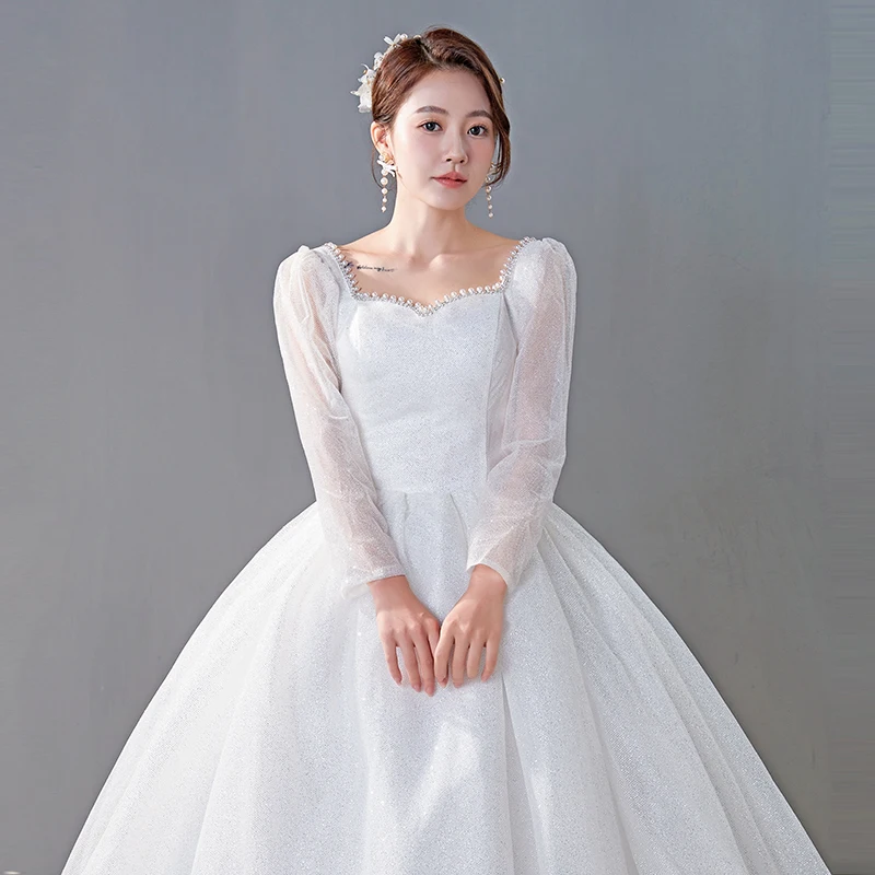 AnXin SH – robe de mariée princesse en dentelle blanche, vintage, tenue de bal avec perles, à manches longues