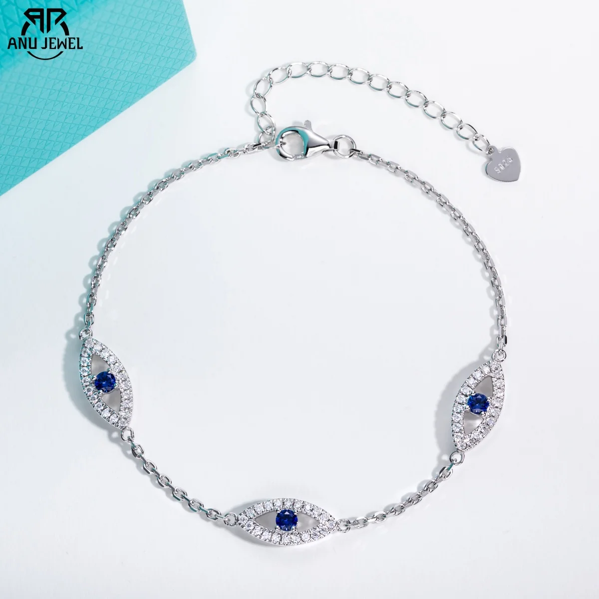 AnuJewel Moissanite Evil Eye Bracelet 925 Sterling Silver 18K Gold Plated 18+5cm Adjustable Bracelets Anklet for Women Jewelry