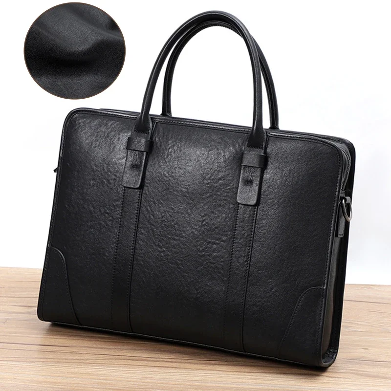 Genuine Leather Men Briefcase Natural Cowhide Handbag Vintage Casual Computer Bag Fashion Crossbody Bag For 15 Inch Laptops