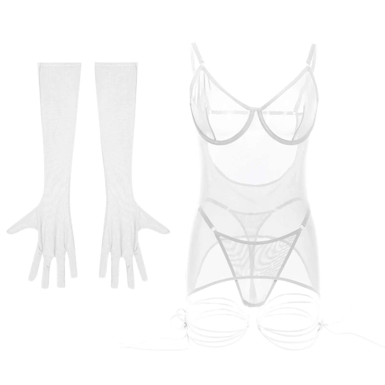 2024 Erotic Hot Lingerie Women Mesh Transparent Underwear Suit Strappy Bodycon Babydoll G-String+Gauntlet Sexy Cosplay Costumes