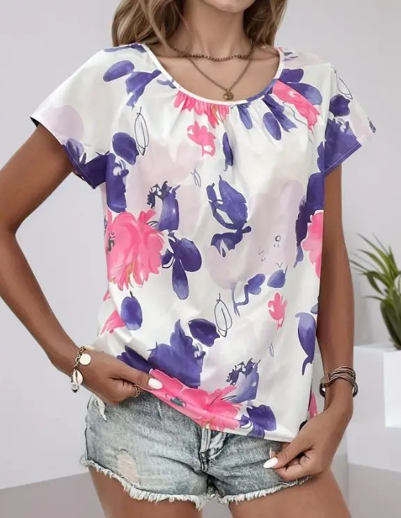 

Women's Summer Floral Print round Neck Short Sleeve Shirt Leisure Vacation Beach Top Loose Versatile Casual Fit