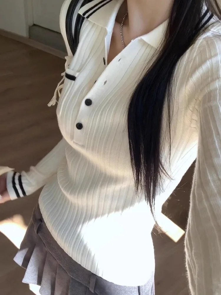 

American All-match Lapel Neck Knitted Shirt for Women Autumn Winter Fashion Bottoming Pullovers 2025 New Long Sleeve Tops Mujer