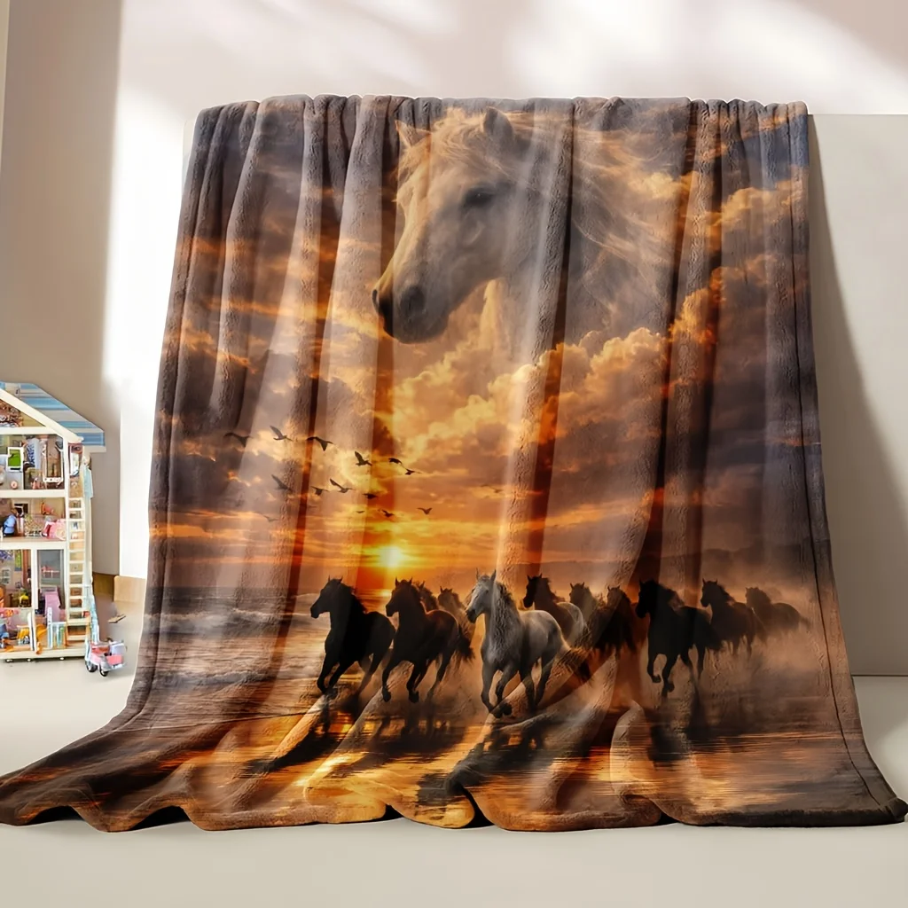Realistic Horse Gallop Sunset Dreamy Equestrian Art Throw Blanket for Home Decor Gifts
