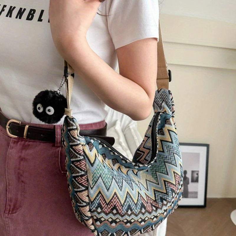 Stylish Foldable Canvas Shoulder Bag - Adjustable Strap, Stitched Embroidery, Spacious Interior - Perfect for Daily Use