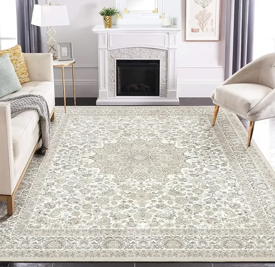 Area Rug Living Room Rugs: 9x12 Large Machine Washable Non Slip Thin Carpet Soft Indoor Luxury Floral Stain Resistant Carpets