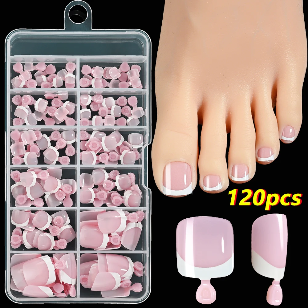 120 Stück/Box Französische Spitze zum Aufdrücken von Zehennägeln, rosa Farbsystem, quadratische Fußnägel, kurze Länge, glänzende Oberfläche, falsches Zehennägel-Set