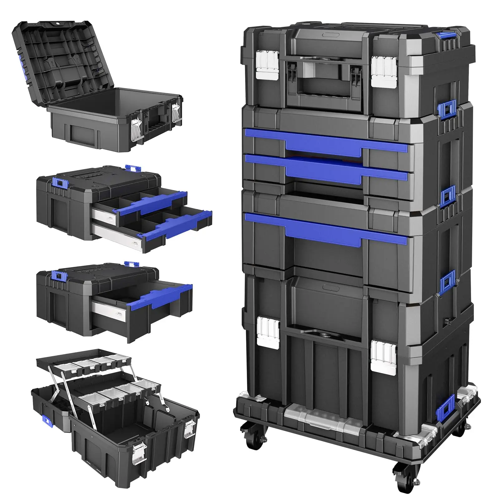 5 Tier Stackable Tool Box with Wheels,Rolling Tool Box with Drawers,Modular Tools Organizer,Portable Tool Box with