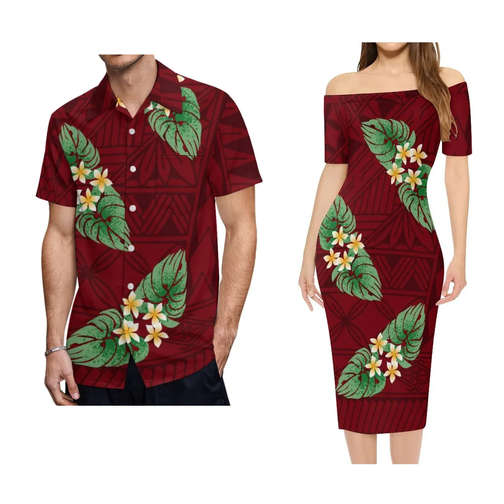 2025 Vestidos populares ajustados con un solo hombro para mujer, ropa polinesia, vestidos de noche de cóctel samoano y camisas para hombre