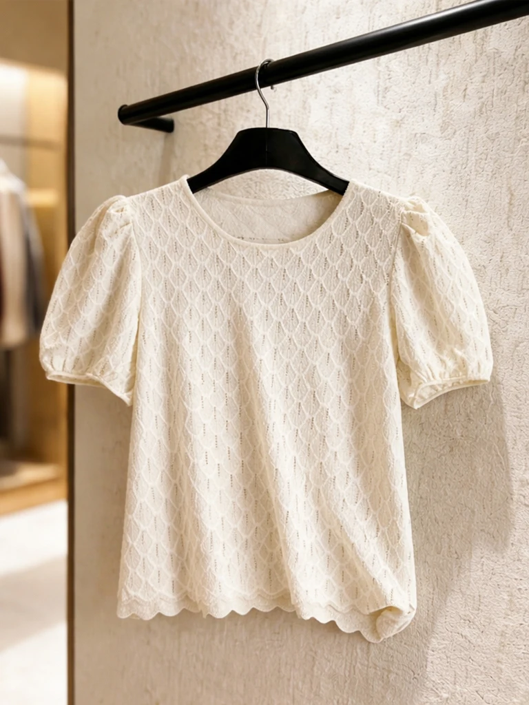 

Elegant Knitted Bubble Sleeve round Neck Pullover Top Women's Style Commute Fashionable Slimming Summer Shirt Korean Version