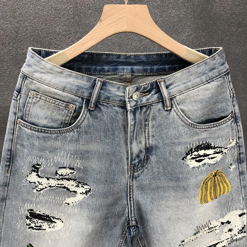 New Denim Shorts For Men'S High-End Casual Slim Fit Straight Fit Elastic Loose Print Light Luxury Fashion Versatile Washed Denim