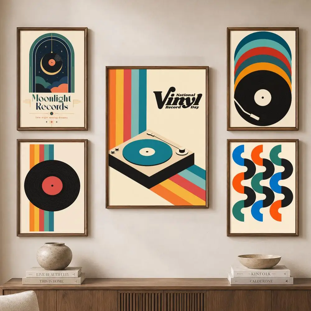 Retro Vinyl Records Music Club Turntable Groovy Seventies Poster Modern Aesthetic Wall Art for Home Bar Cafe Bathroom Decor