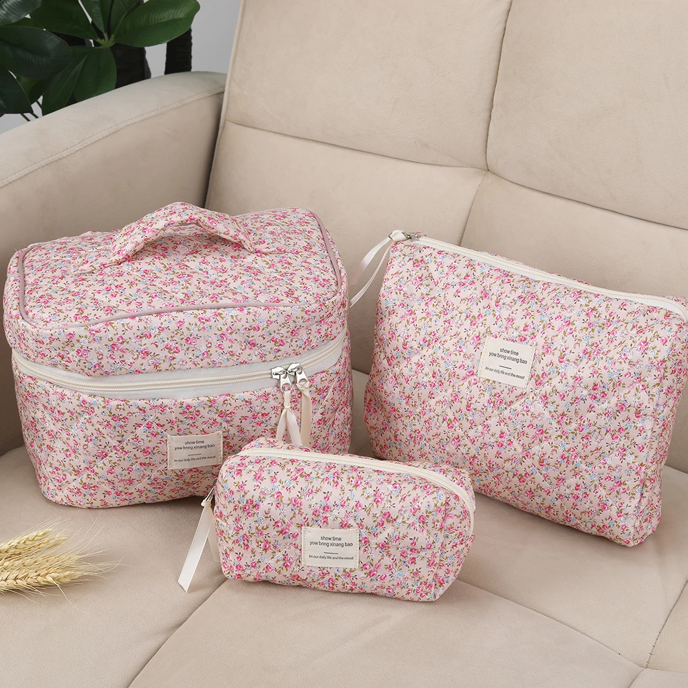Makeup bag with cotton quilting, floral pattern, large capacity, high-end feel, cute INS-style cosmetic organizer bag