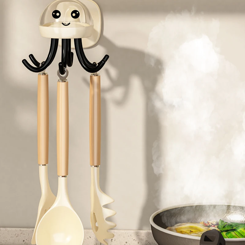 Jellyfish Rotating Hook, Strong Adhesive Kitchen Spatula Storage Rack, Adhesive Hook, No Punching Spoon Shovel Hanging Rack