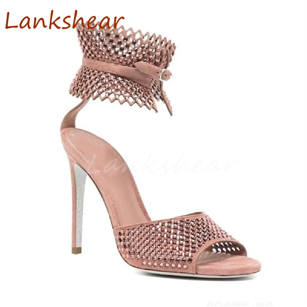 Round Toe Rhinestone Women Sandals Blingbling Hollow Stiletto Heels Fashion Solid Summer Sexy  Women Shoes 2024 New Arrivals