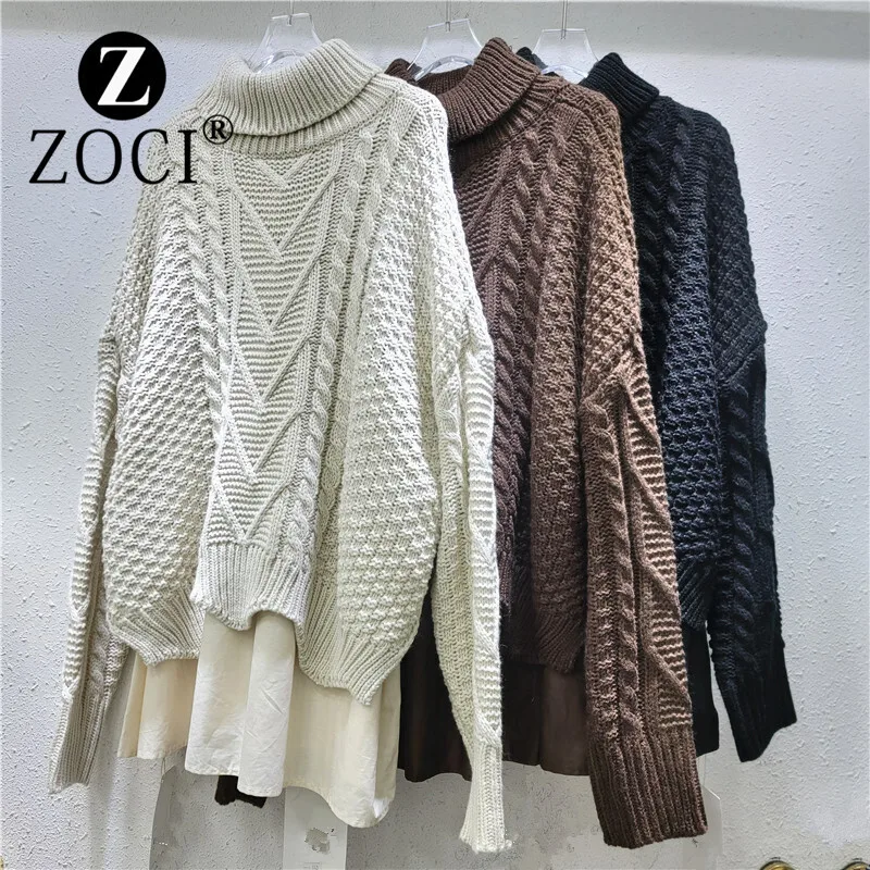 [ZOCI] French High Neck Sweater Women Autumn Winter New Loose Thick Knit Sweater, Spliced Mid Length Doll Shirt