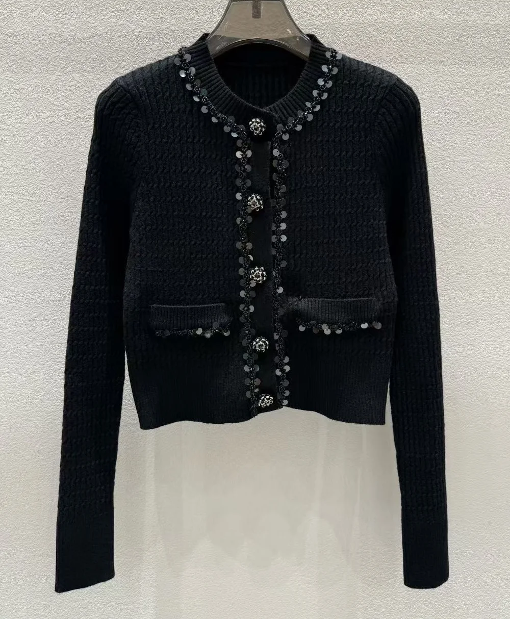 

Новые кардиганы высокого качества, осень-зима 202, трикотаж, женский повседневный черный шерстяной кардиган с блестками и бисером, с длинными рукавами