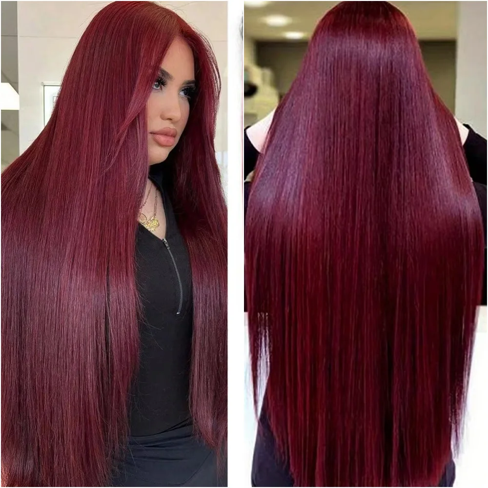 

40 дюймов # Парик из натуральных волос 99J Burgundy, прямой, с HD-кружевной передней частью 13x4, плотность 220, прозрачное кружево 13x6, цвет красное вино