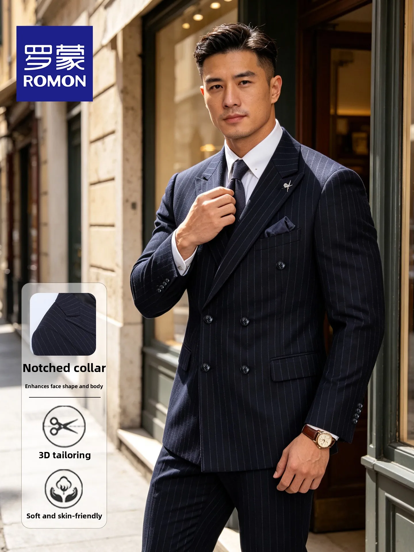 Double-Row Button Men's Wedding Suit Romon Brand Casual Style Standard Fit Polyester Fiber Long Sleeve Suit for Interview And...