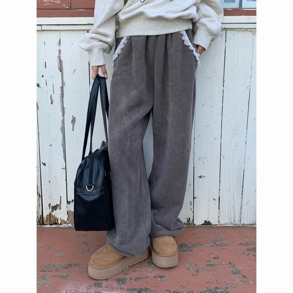 2025 American retro Women's Gray Fleece-Lined Wide-Leg Pants - Side Lace Trim Elastic Waist, Cozy Lazy Casual for Autumn Winter
