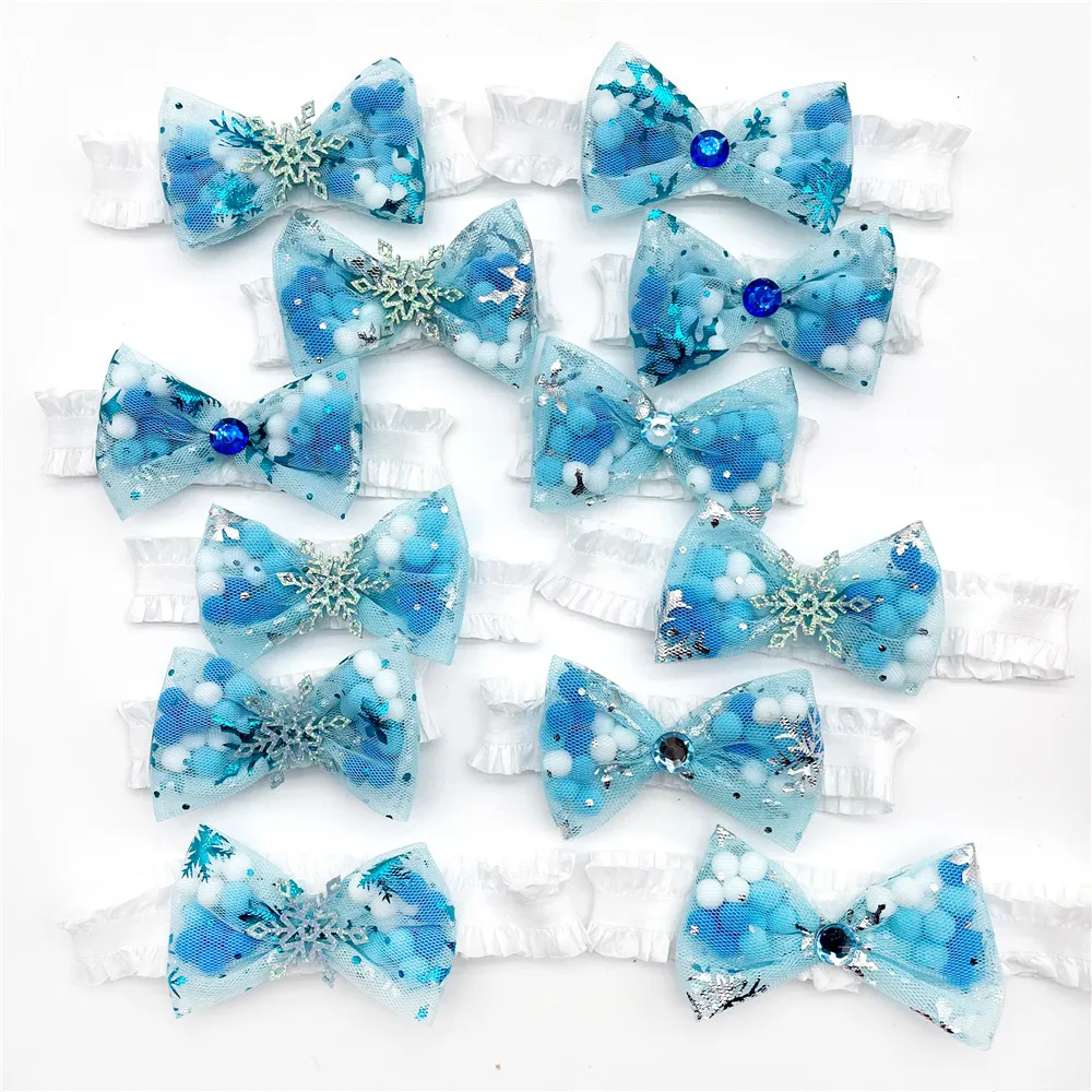 50pcs Cute Winter Style Small Dog Bow Tie Necktie Snowflake Blue Bows with Elastic Band for Small Dogs Cat Puppy Grooming Collar