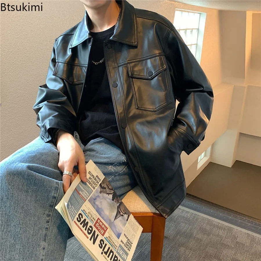 Men's Fashion Leather Jacket Loose Stand Collar PU Jacket Male Anti-wind Motorcycle Lapel Diagonal Zipper Jackets Men Clothing