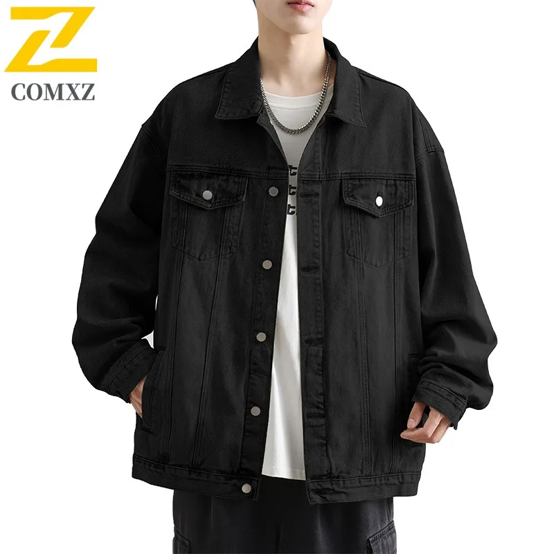 

COMXZ Мужская винтажная джинсовая куртка в корейском стиле, однотонная ветрозащитная рабочая одежда, минималистичная уличная одежда, повседневное пальто