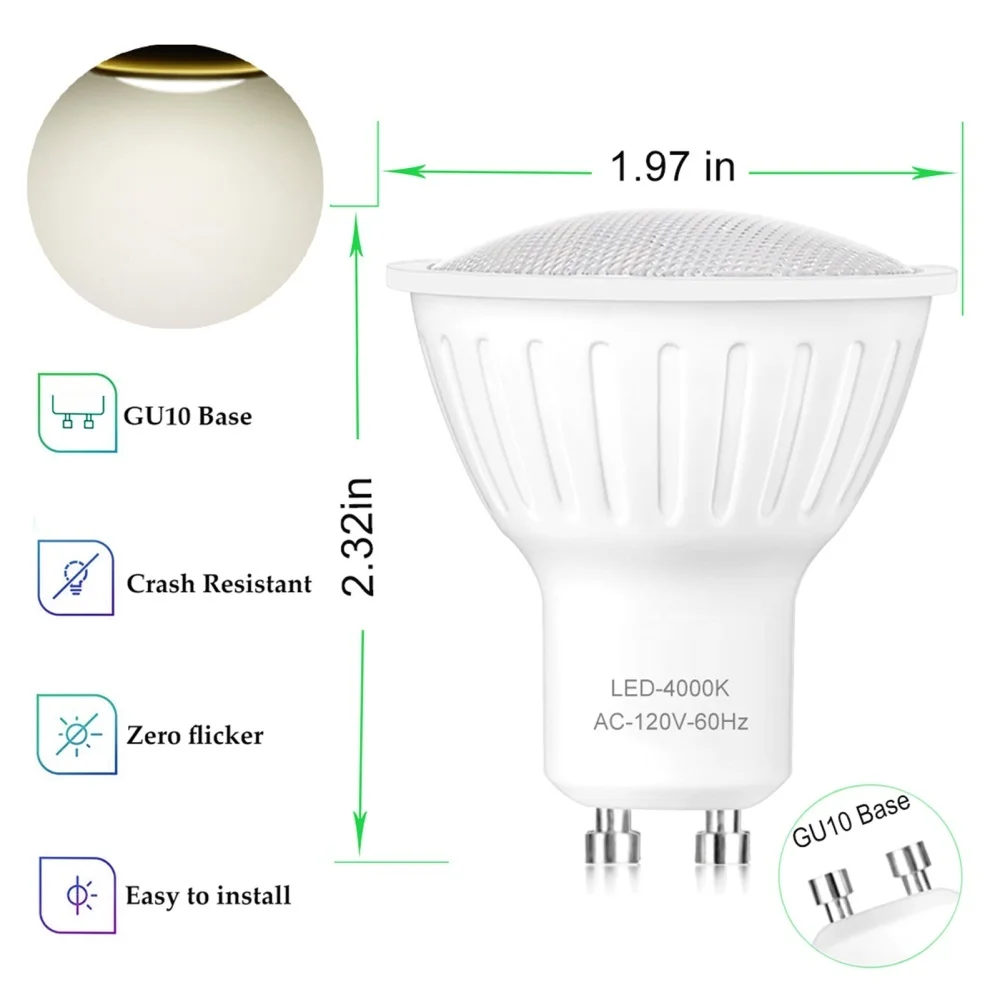 6pcs LED GU10 60W Replacement Spotlight Bulb, 120V 7W Dimmable 4000K Nature White GU10 Base, 120°Beam Angle, 610LM