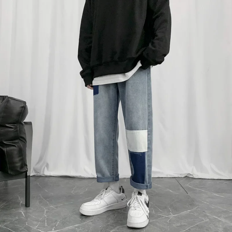 

Korean Fashion Men's Straight-leg Denim Baggy Jeans Classic All-match Solid Color Wide-leg Pants Male Light Trousers A32