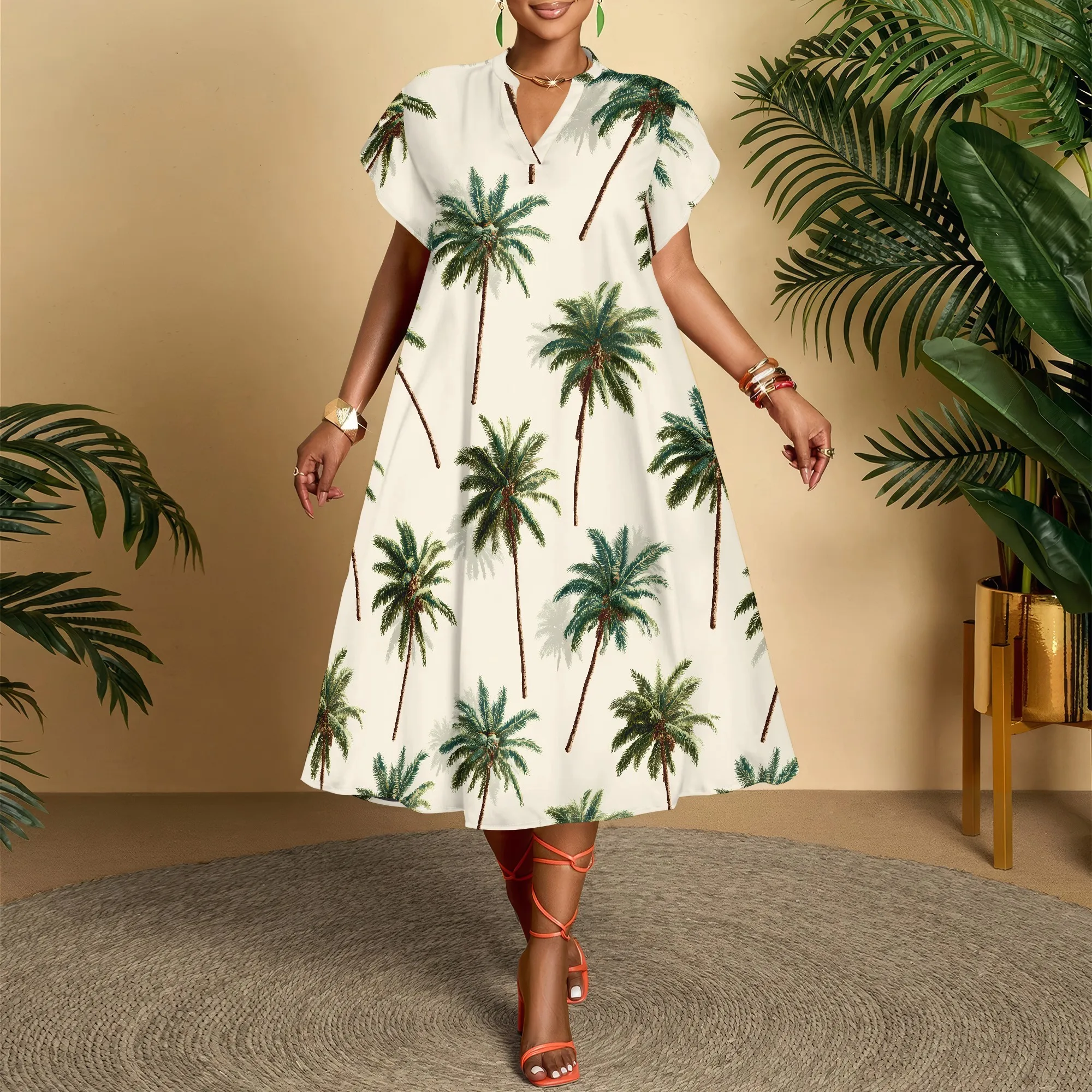 Summer Clothing Resort - Palm Tree Print V-Neck Dress, Summer
