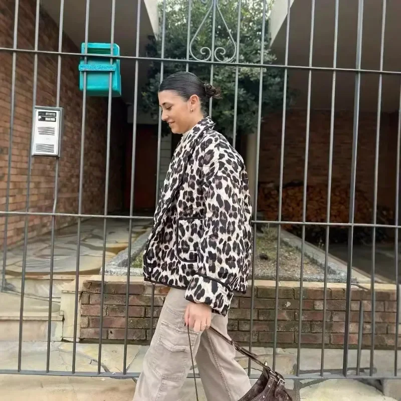 ヒョウ柄キルティングコート女性のための春秋ラペルルーズ長袖綿アウターレディースカーディガン女性ジャケット