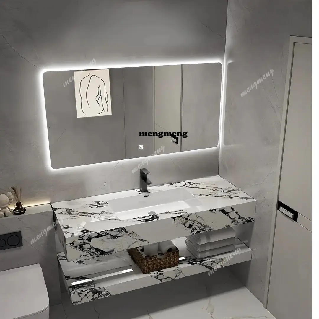 

Hotel Bathroom Cabinet Double-layer Rock Slab Ceramic Integrated Seamless Basin Combined Mirror Storage Mueble Organizador