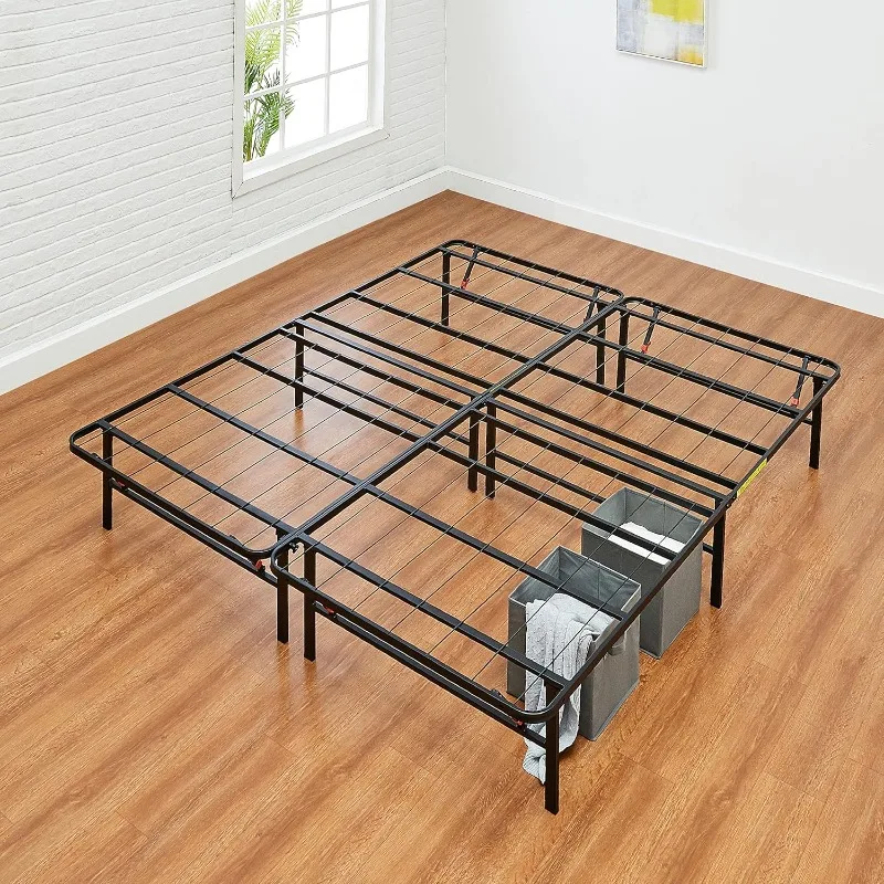 Bed Frame with Storage, Foldable Metal Platform, Sturdy Steel, No Box Spring Needed, 14-inch High, Tool-Free Setup