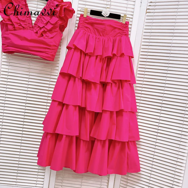 

French Elegant Fashion Skirts Sets Sexy V-neck Ruffle Short Shirt High Waist A-line Cake Long Skirt Two-piece Set Women Summer