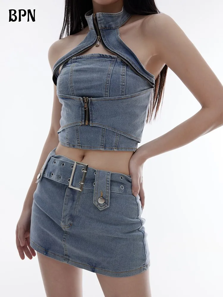 

BPN Solid Denim Two Piece Sets For Women Halter Sleeveless Backless Top High Waist Spliced Belt Mini Skirt Sexy Set Female Style