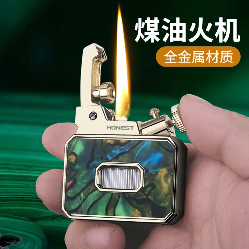 HONEST Nouveau Briquet à kérosène en métal avec allumage à clé, meule à allumage et flamme nue, Cadeau haut de gamme pour homme