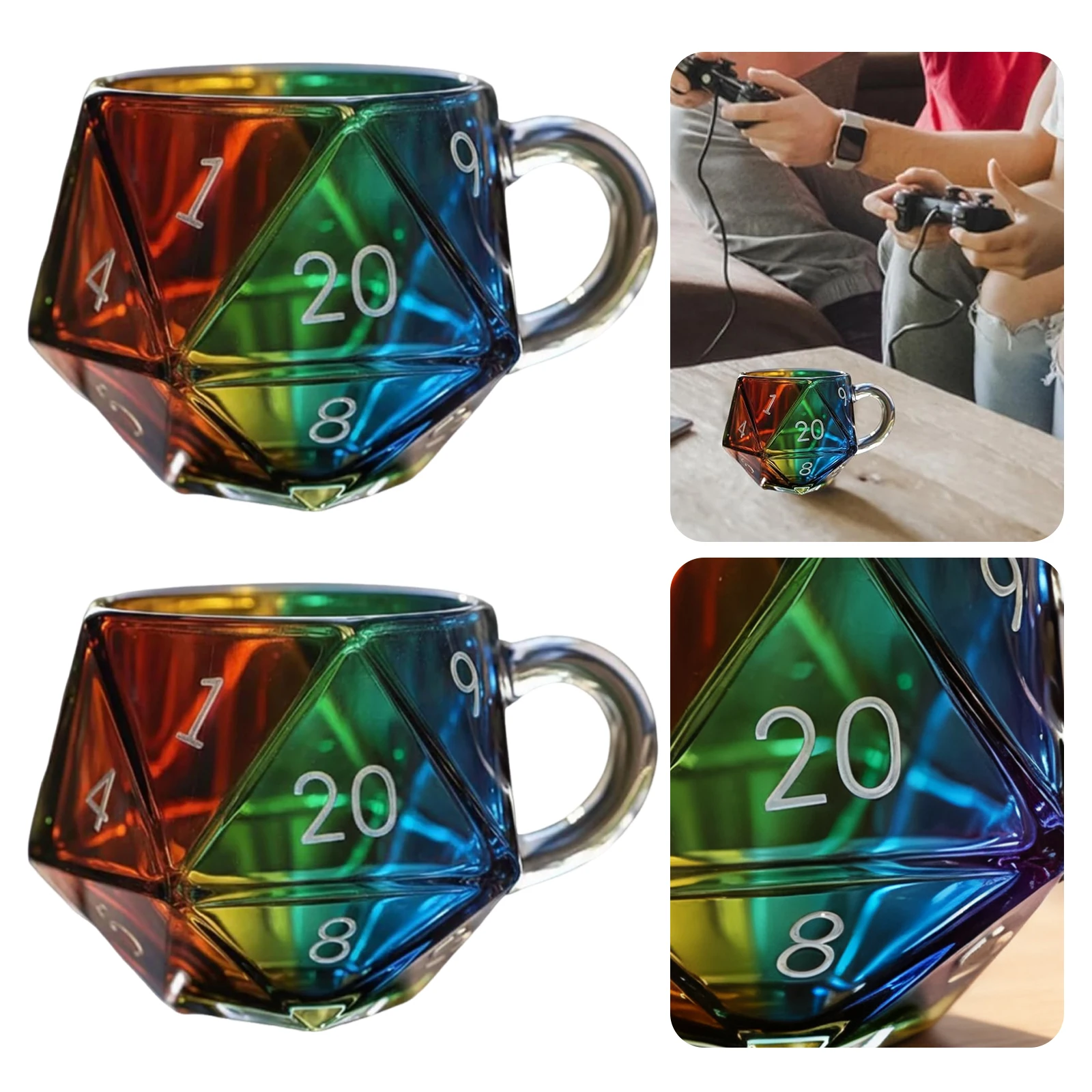 Polyhedral Dice Coffee Cup with Handle Game Night Mugs Transparent Glass Game Mug Gift for Fantasy Lovers
