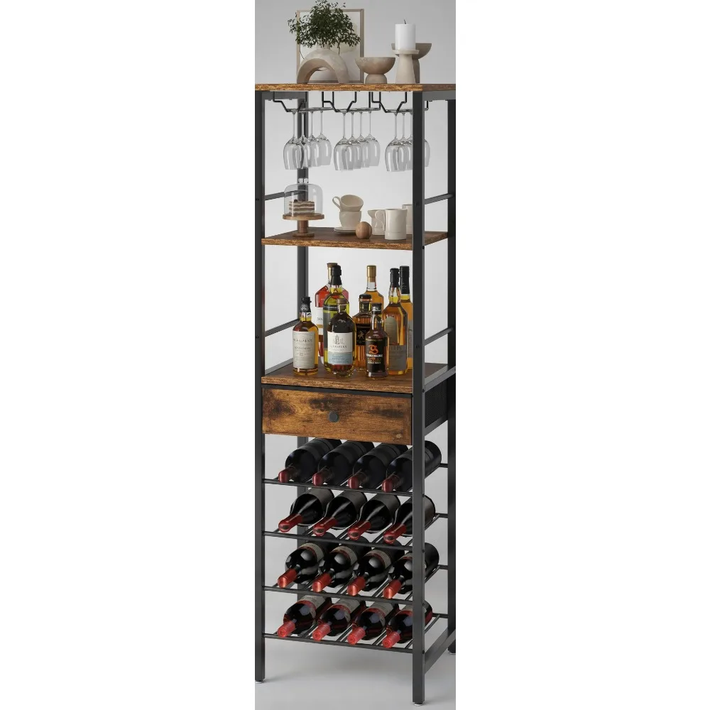 

4-Tier Wooden Wine Rack Cabinet with Glass Holder & Storage Drawer - Rustic Bar Furniture for Kitchen Living Room