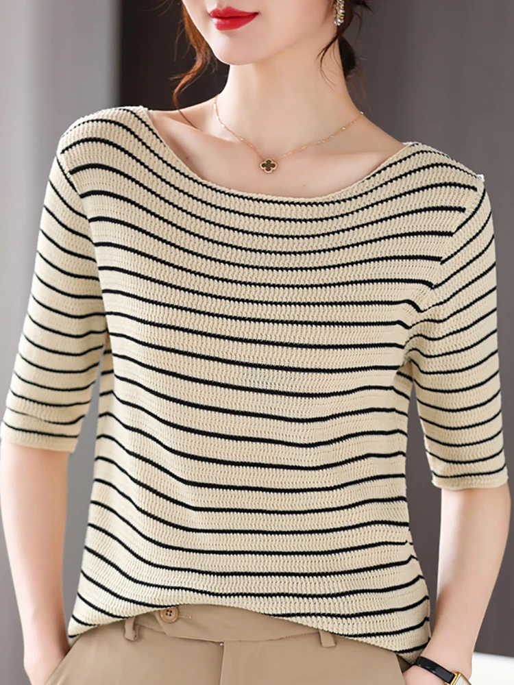 

Striped Thin Tshirt Knitted T Shirt Women Korean Style Woman Clothes Casual Tee Shirt Femme Summer Tops 2022 Camisetas de Mujer