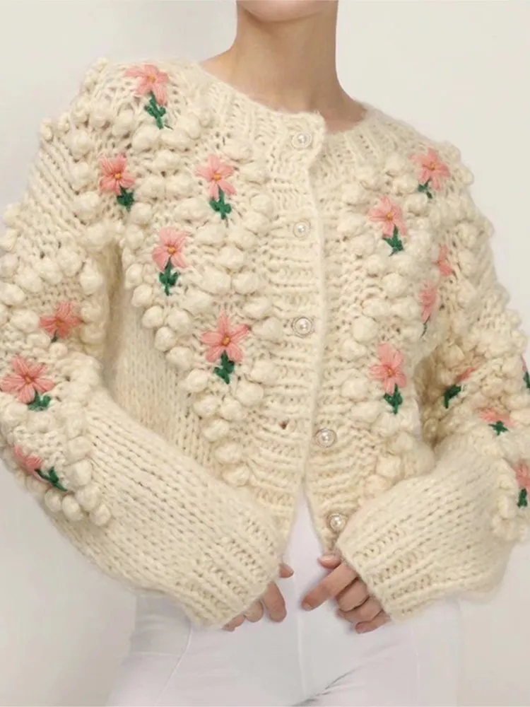 Herfst en winter nieuwe handgemaakte haakborduurwerk hennep parelknop gebreide trui vest jas dames trui met lange mouwen