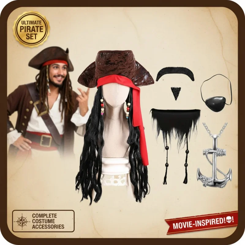

☮2026Pirate Captain Costume Wig Jack Sparrow Caribbean Hat Halloween Stage Performance Party Accessories Adult Men Unisex☮#！