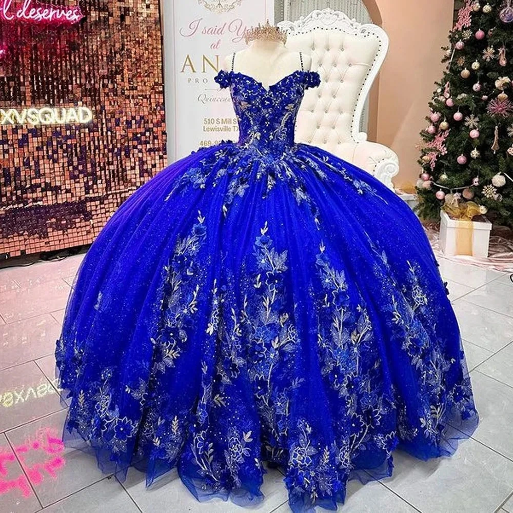 

Royal Blue Charro Quinceanera Dresses Ball Gown Off The Shoulder Tulle Appliques Mexican Sweet 16 Dresses 15 Anos