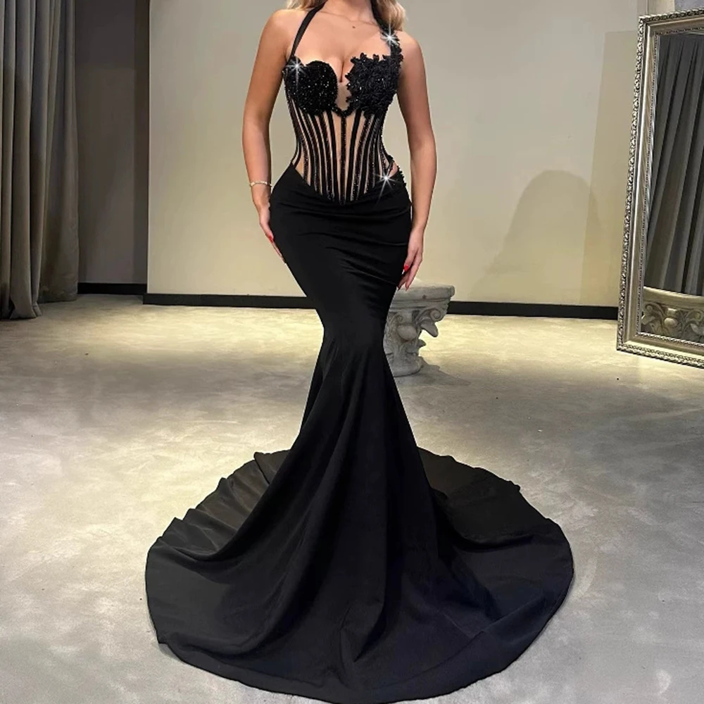 

Halter neck diamond dress corseted backless mesh fishtail sleeveless beaded embroidered dress evening dress-GZXX811