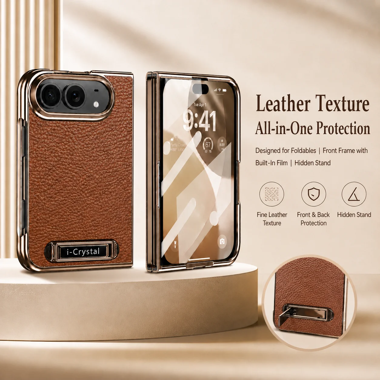 Luxuriöse, galvanisierte Handyhülle aus PU-Leder, stoßfest, für iPhone Duo, mit verstecktem Metallhalter und Displayschutz aus Glas.