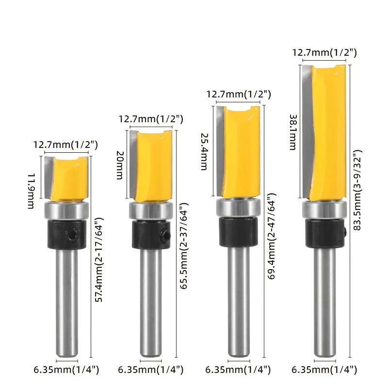 4pcs,1/4-Inch Shank Bearing Guided Pattern Router Bit - Woodworking Edge Trimming Tool with Double-Edged Straight Cutter