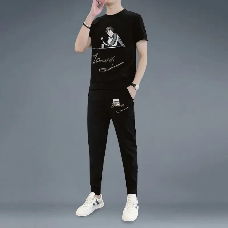 Sweatsuit ผู้ชายชุดกางเกงเสื้อ Tracksuit ใหม่ในการจับคู่เสื้อผ้าราคาถูก Kpop Casual Basic Baggy ชาย T เสื้อกางเกงชุด