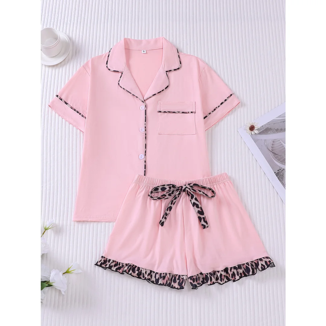 

Cute Leopard Print Pajamas Pink Lapel Short Sleeve Shorts Loungewear Home Wear Set Sleepwear Valentine's Day Gifts for Women