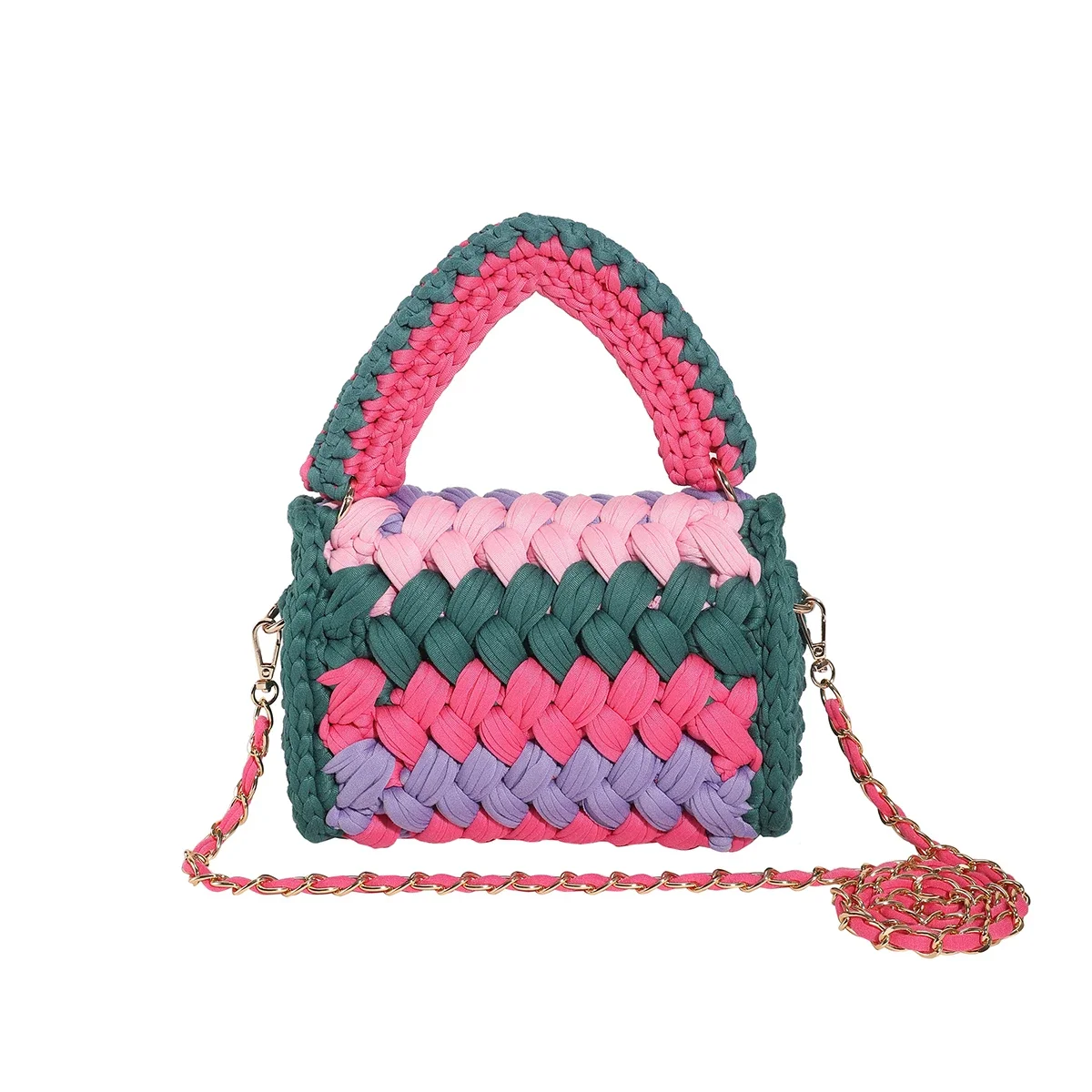 Knitting Bags for Women Handmade Woven Handbags with Chain Ladies Fashion Solid Color Square Crochet Bag