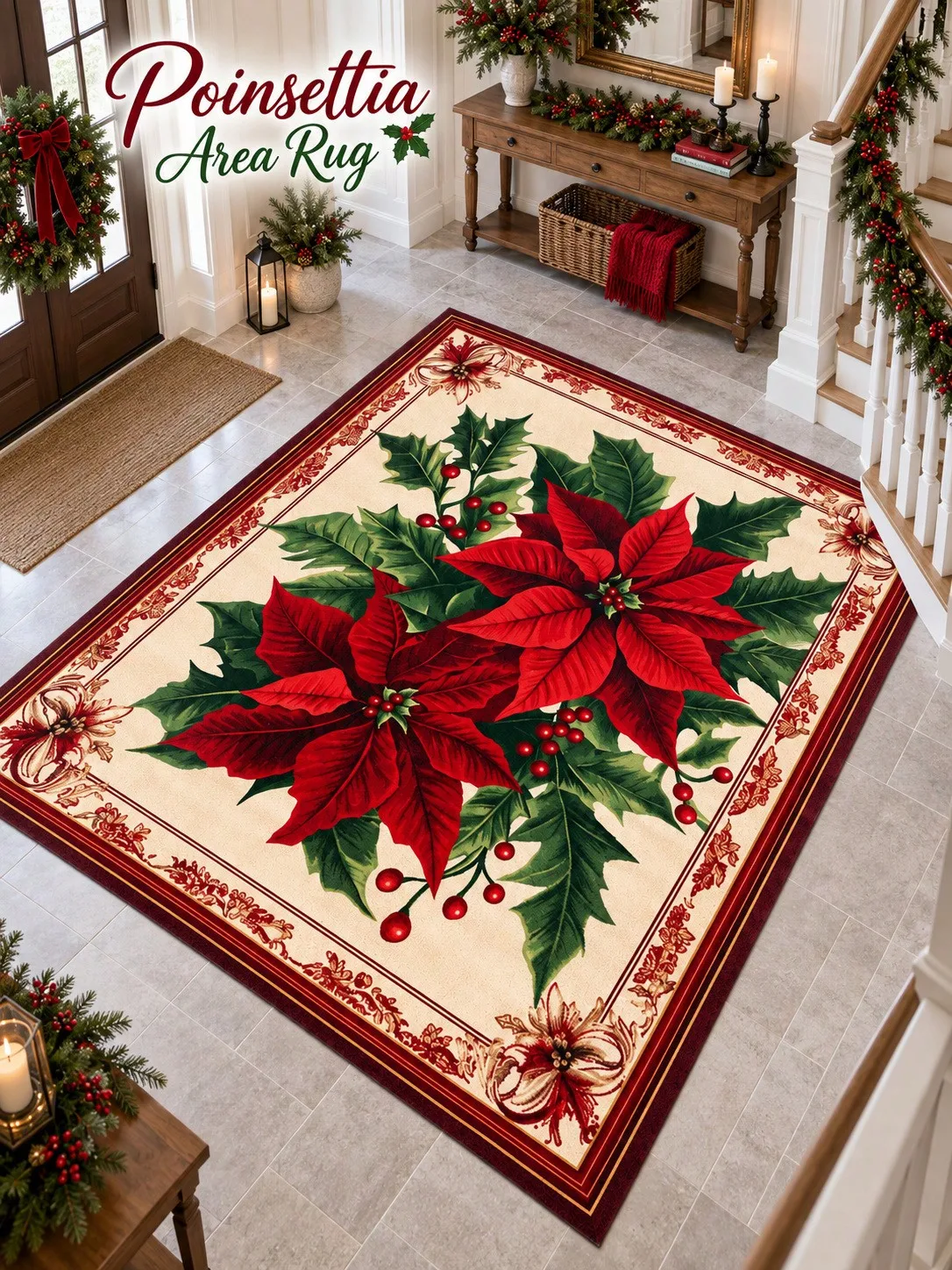 Christmas Rug Poinsettias Holly Berries Living Room Bedroom Dining Area Entryway Floor Carpet Gift for Couples Family Neighbors Winter Thanksgiving Birthday Anniversary Housewarming Apartment Cabin Farmhouse Home Styling Sofa Side Reading Nook